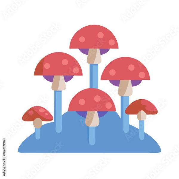 Fototapeta Group of cartoon mushrooms with red caps on black background