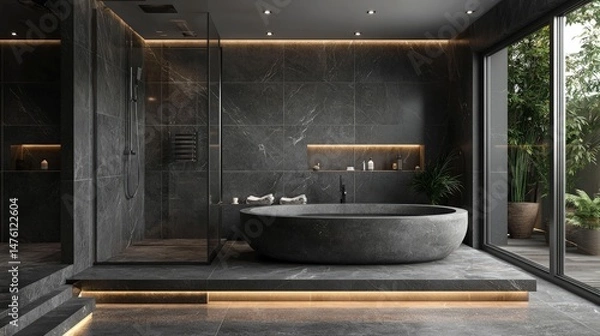 Fototapeta Spacious bathroom in gray tones with heated floors modern interior