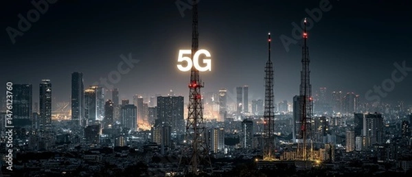 Fototapeta Modernisation of the internet network and global connectivity in smart cities.  Future 5G wireless digital connectivity and social media networking concept