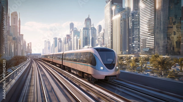 Obraz 雲に包まれた未来都市を走る高架鉄道と線路旅の道電車旅