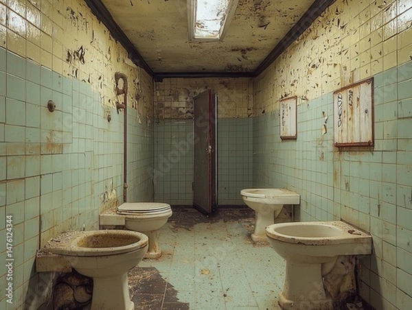 Fototapeta Abandoned public toilet interior slung derelict forsaken outcast