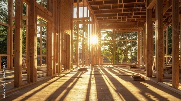 Fototapeta Wooden frame of a new house under construction