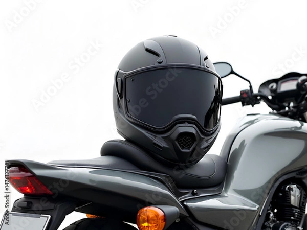 Fototapeta Helmet Ready Matte Black Motorcycle Helmet on Bike Seat Generative AI