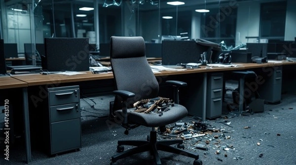 Fototapeta Office chaos abandoned workspace corporate environment destruction and disarray empty viewpoint