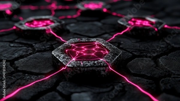 Fototapeta Abstract Data Network  3D Render of Hexagonal Nodes   Pink Energy Lines