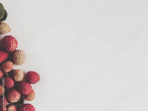 Fototapeta Lychee Fruit Arrangement on White Background Flat Lay Top Down View Tropical Food Still Life Exotic Fruit Display