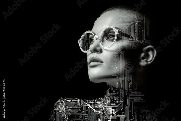 Obraz Stylish female portrait with digital circuit overlay.