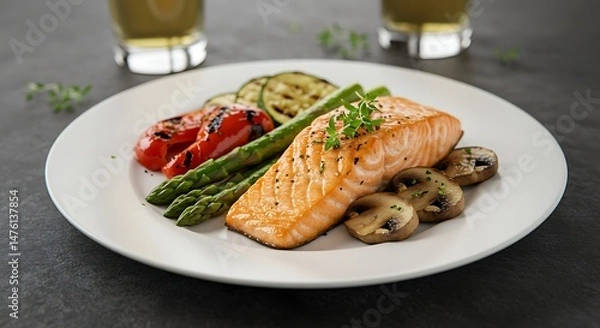 Fototapeta Grilled Salmon with Asparagus and Vegetables