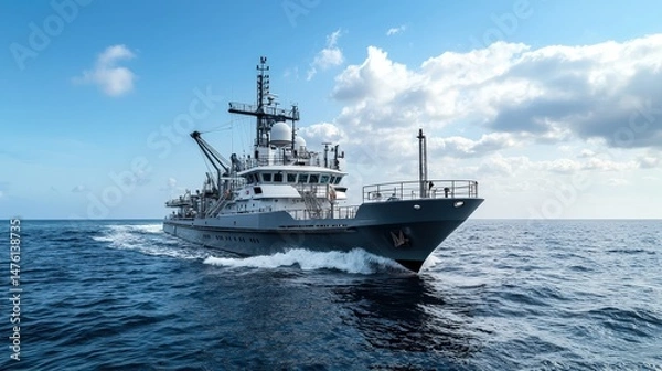 Fototapeta Research vessel navigating open ocean marine expedition detailed photography calm waters aerial perspective