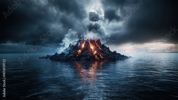 Fototapeta Volcanic eruption reveals fiery landscape over ocean waters dramatic scene nature aerial view natural disasters