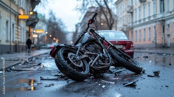Fototapeta Motorcycle accident scene in urban area wreckage and debris gloomy weather dramatic perspective for awareness