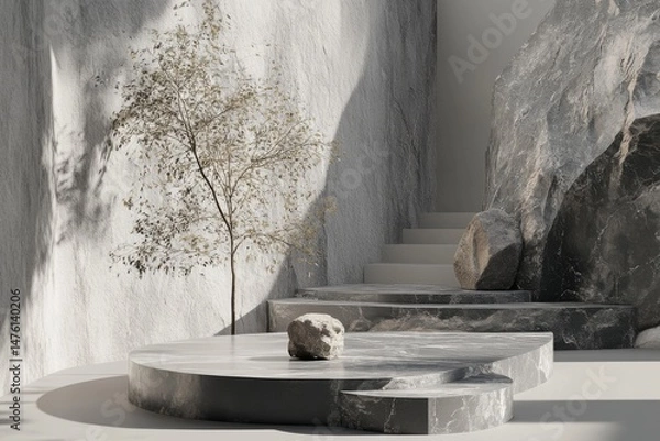 Fototapeta Minimalist Stone Podium with Tree and Stairs, Soft Lighting, Modern Product Display, Abstract Architectural Scene