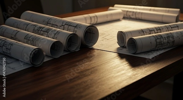 Fototapeta Blueprints and technical drawings rolled up on a table