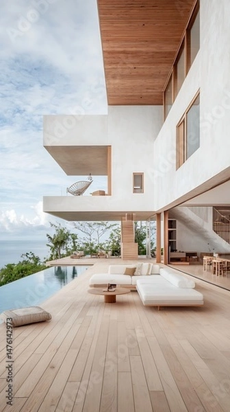 Obraz Modern villa w/ ocean view, infinity pool, wood deck, white walls & open design