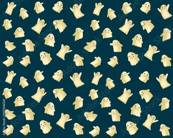 Obraz Seamless Cute Ghost Pattern on Dark Background. Ideal for Halloween designs, kids’ products, wrapping paper, and digital art projects.