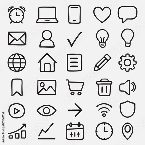 Fototapeta 24 thin black line icons including tech, communication, and ui symbols on light background
