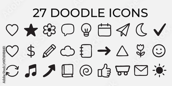 Fototapeta A vector set of 27 hand-drawn doodle icons with heart, star, and more