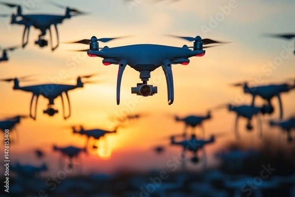 Fototapeta Drone Swarm at Sunset: Aerial View of Flying Drones Against a Vibrant Sky