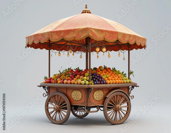 Fototapeta A fruit cart with a large umbrella over it