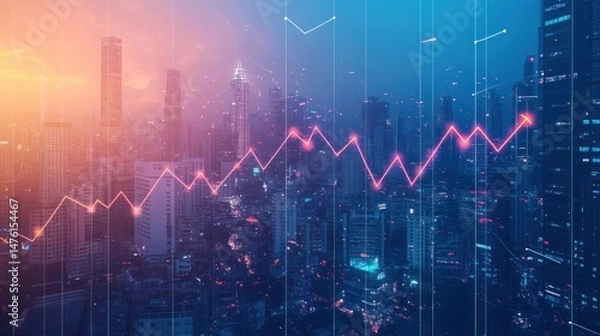 Obraz Urban Skyline with Growing Stock Market Trend