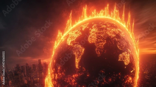 Obraz Burning Earth: A fiery apocalypse engulfing the world's cities.