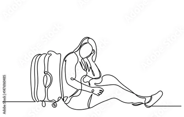 Fototapeta Continuous line drawing of a young tourist girl carrying a suitcase.Single-line woman travels and ready to board and begin her vacation.travel and vacation concept vector illustration.