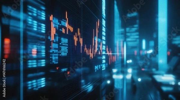 Obraz Futuristic Stock Market Data Visualization: Cityscape at Night