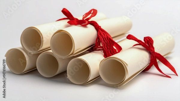 Fototapeta Stack of rolled diplomas tied with red ribbons on a white background
