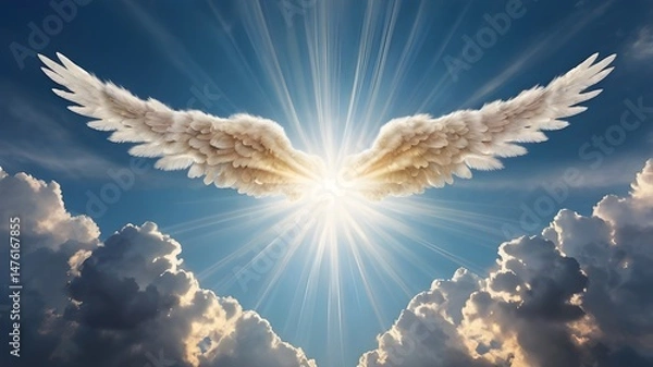 Fototapeta Heavenly sky with majestic clouds forming the shape of an angel with wings spread, sun rays breaking through, glowing light aura, peaceful and spiritual vibe,Generative Ai
