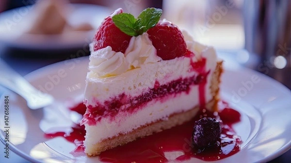 Fototapeta A slice of vanilla cake with creamy frosting sits on a white plate.