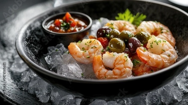 Fototapeta A close-up view of a seafood platter featuring large, peeled shrimp resting on a bed of crushed ice, surrounded by various garnishes.