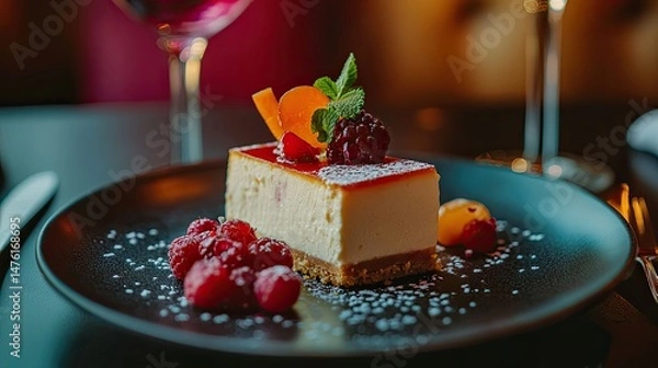 Fototapeta A slice of cheesecake topped with a strawberry and whipped cream is served on a white plate, alongside a colorful assortment of fresh raspberries, blueberries, and blackberries.