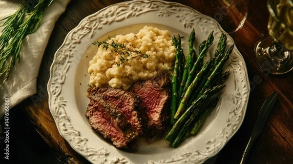 Fototapeta A gourmet plate featuring two grilled lamb chops with charred edges, accompanied by creamy risotto garnished with herbs.