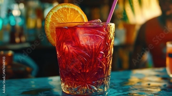 Fototapeta Close-up of a vibrant red cocktail served in a clear glass filled with ice, topped with a dried orange slice and two black straws.
