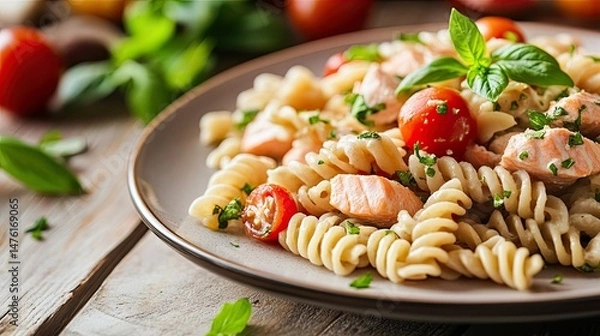 Fototapeta A beautifully plated dish featuring a thick salmon fillet, garnished with herbs, resting atop a bed of spaghetti.