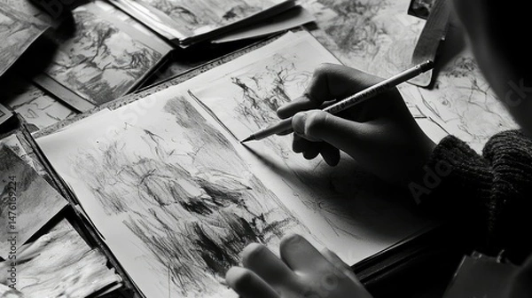 Fototapeta A close-up view of a child's hands drawing on a whiteboard with a black marker.