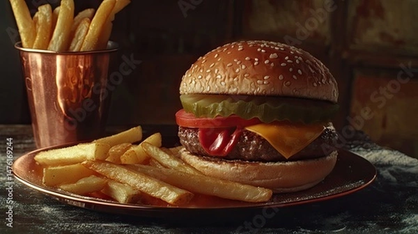 Fototapeta A mouth-watering cheeseburger topped with melted cheese and fresh lettuce, served in a toasted brioche bun.