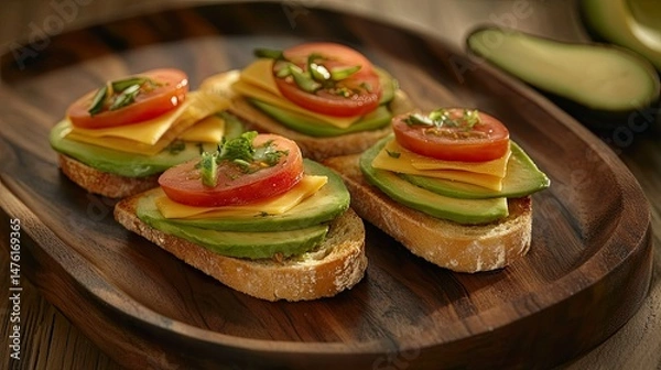 Fototapeta Three slices of toasted bread topped with creamy avocado slices and halved cherry tomatoes are arranged on a wooden platter.