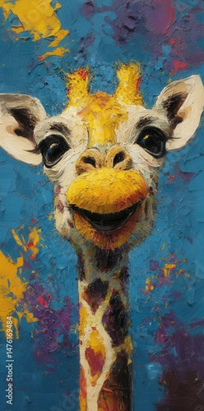 Obraz Charming giraffe with a joyful smile surrounded by a vivid explosion of color in a textured oil painting