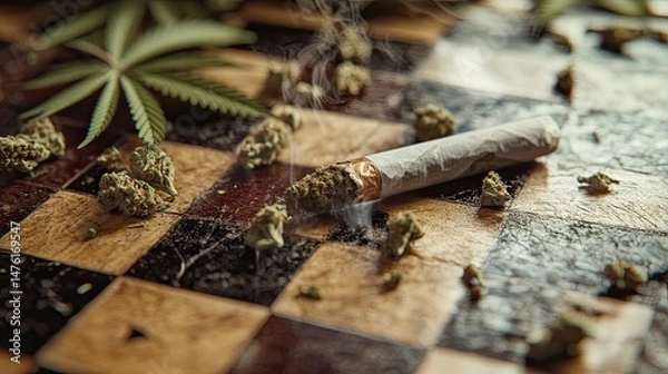 Fototapeta A close-up image of a chessboard surface scattered with cannabis buds and ground marijuana.