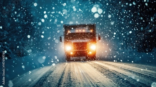Fototapeta An RV and a red car are traveling on a snow-covered road surrounded by tall, snow-laden evergreen trees.