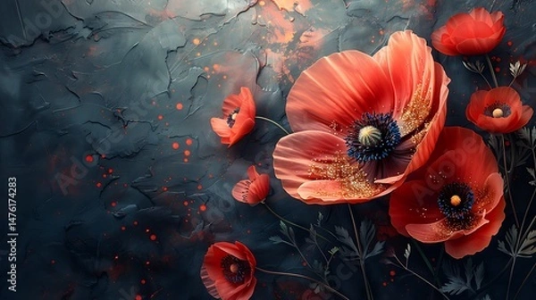 Fototapeta Elegant red poppies blooming on textured dark wall high resolution image