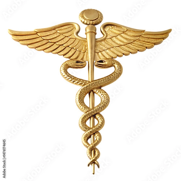 Fototapeta golden caduceus with on white background, PNG