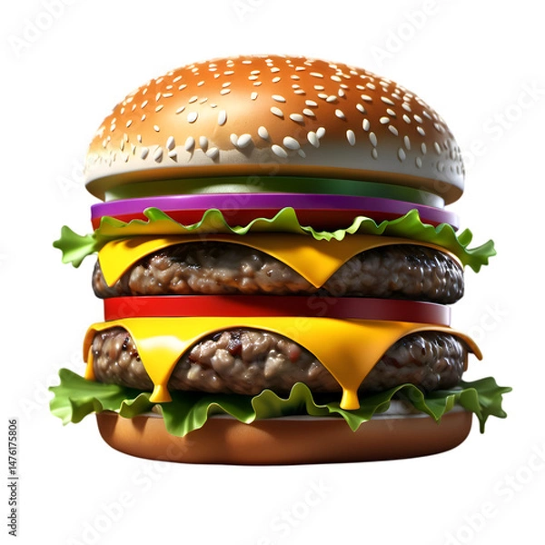Fototapeta Fresh fast food hamburger explosion on Blank PNG background