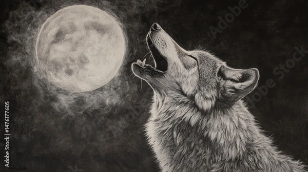 Obraz A grayscale drawing of a wolf howling at a large, bright moon in a smoky night sky.