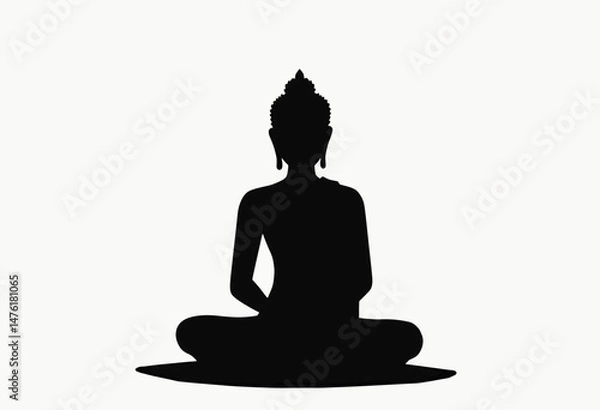 Fototapeta Vector graphic of Buddha in meditation, cross-legged, black outline only with no shadows, designed in high-contrast minimal style.
