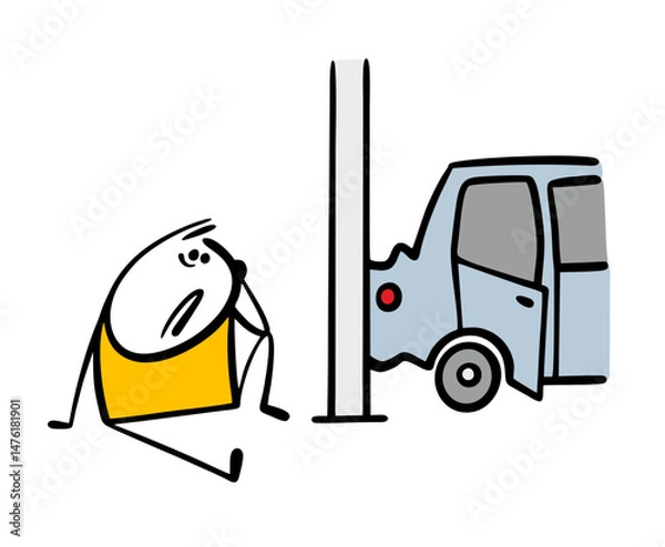 Fototapeta Poor stickman got into an accident, crashed into a pole by the roadside and crashed the car. Vector illustration of a sad man sitting on the ground, injured.
