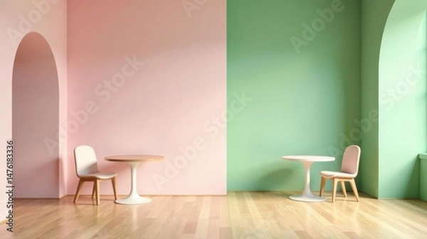 Fototapeta Pastel Walls, Wooden Chairs, and Simple Tables in a Minimalist Room Setting
