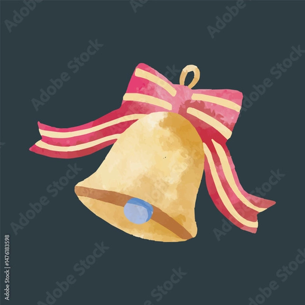 Fototapeta Watercolor Christmas Bell with stripped Red Ribbon and Bow in watercolor design and isolated background