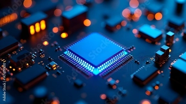Fototapeta Close-Up of Computer Circuit Board with Central Microchip, Blue and Orange Lights, High-Tech Electronic Processor Design